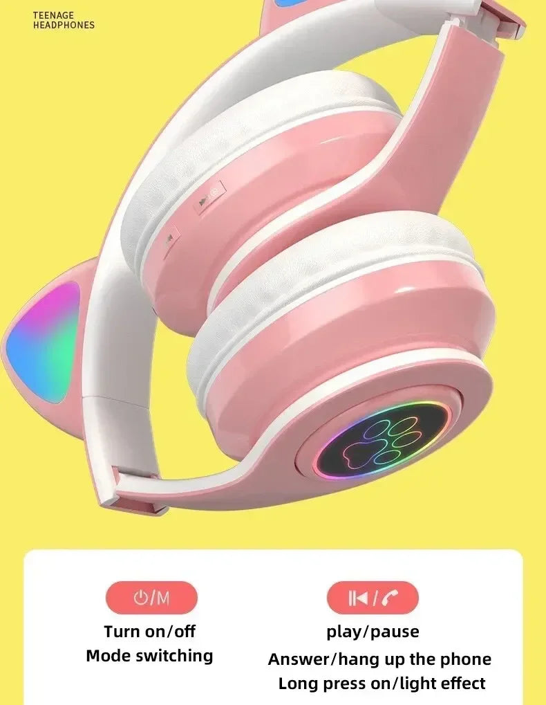 Cute Cat Wireless Headphones RGB Cute Cat Ears Headset With Microphone Noise Cancelling Kid Stereo Music Children's Gifts