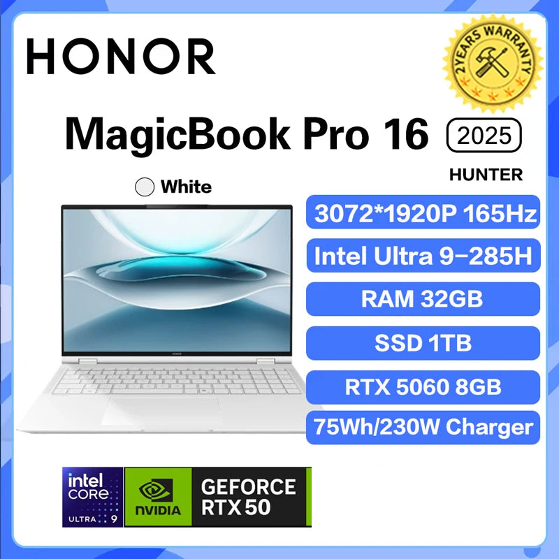 Honor MagicBook Pro 16 2025 Laptop RTX5070 Ultra5 225H/Ultra9 285H 32G 1T LCD 165Hz Honor Laptop Notebook 16-inch
