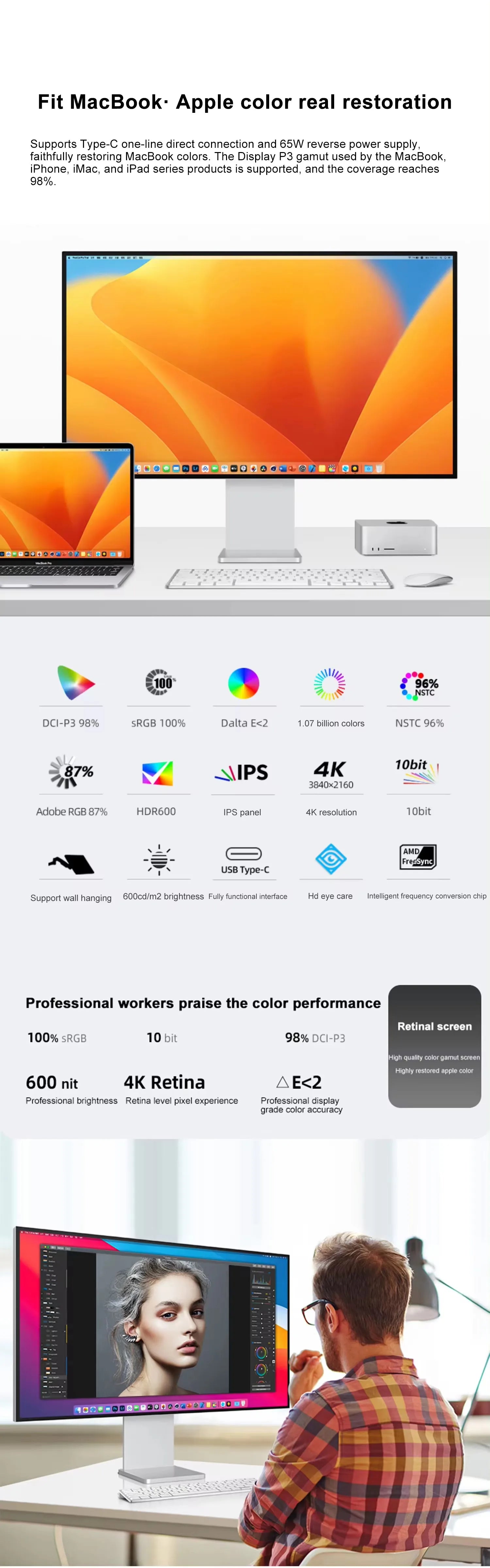 32 Inch LED Monitor 4K 3840*2160 HDR10 Feature 60Hz USB-C FOR MAC 100W HDR10 139PPI matt screen Display kuycon P32UB hole style