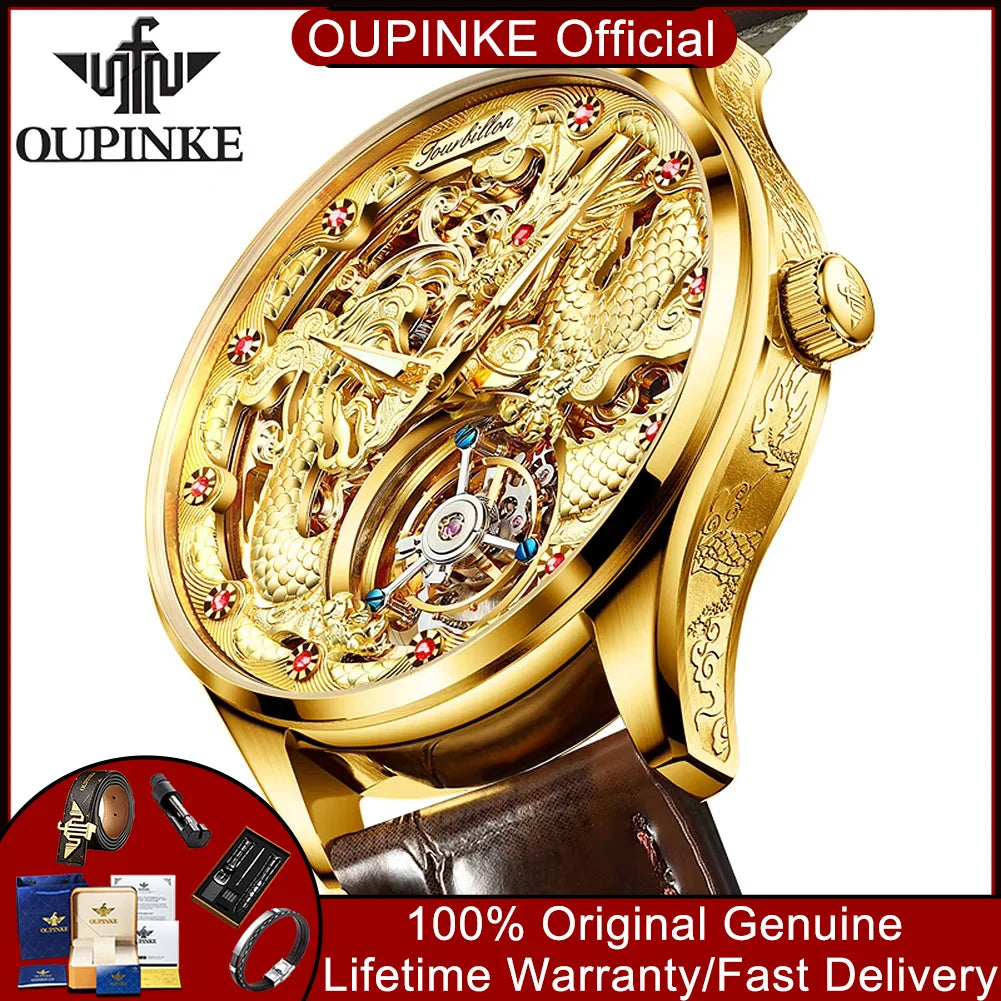 OUPINKE 3176 Gold Dragon Watch Tourbillon Automatic Watches for Man Fashion Skeleton Mechanical Mens Wristwatch Luxury Man Watch