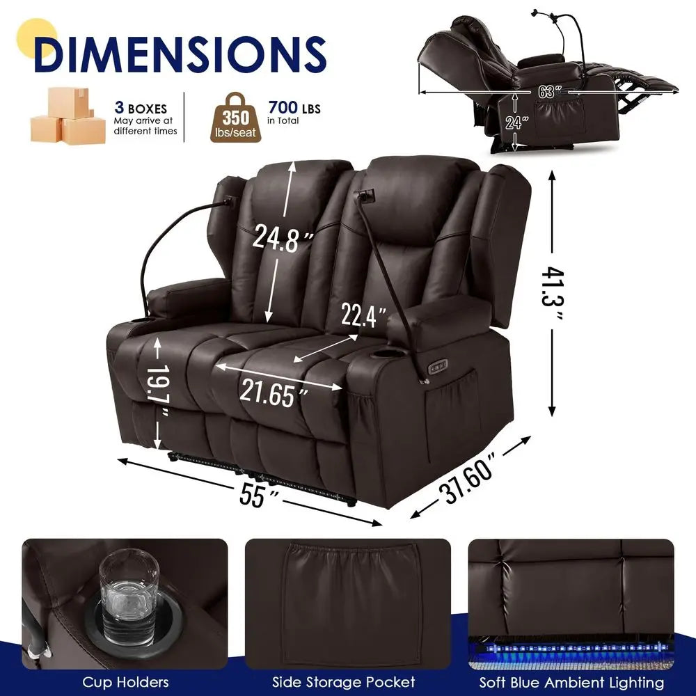 Power Loveseat Recliner Sofa, PU Leather Dual Reclining Couch with Vibration Heating, Blue LED Base Lights, USB Ports, Cup Hold