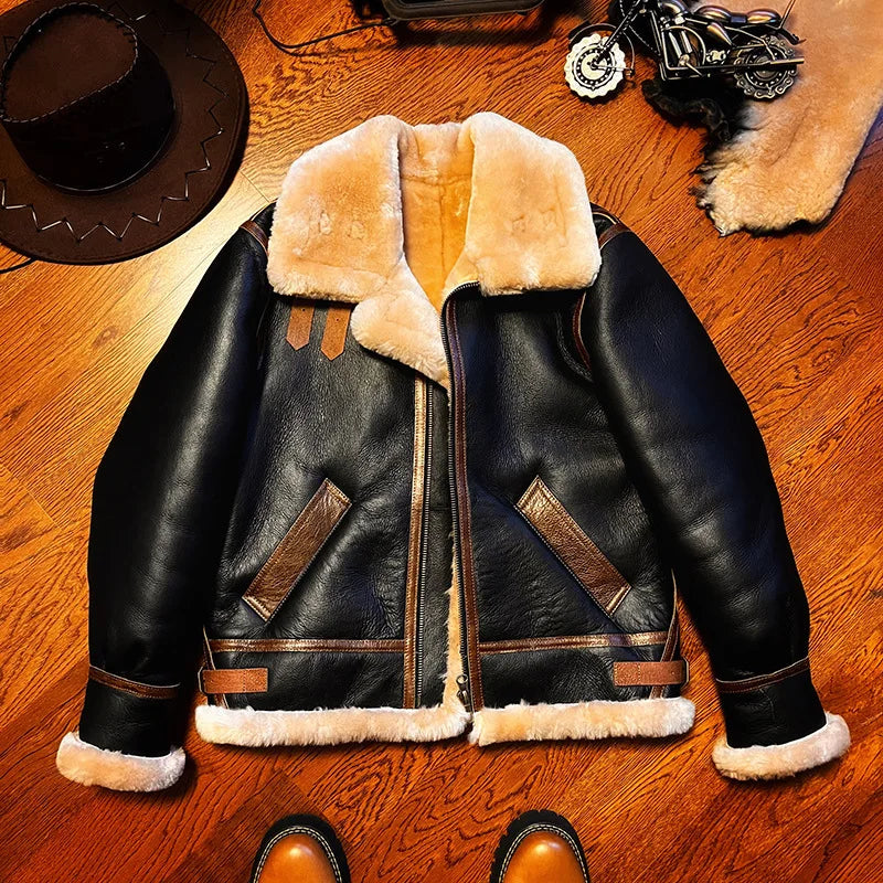 Sheepskin Suit Men's Lambskin Genuine Leather Overcoat Motorcycle Short Leather Fur Coat