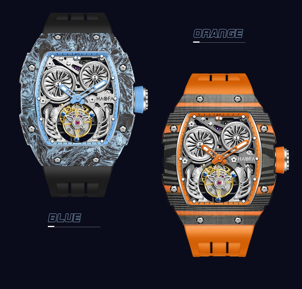 Haofa Carbon Fiber Tourbillon Mens Watch Double Spring Diver Automatic Mechanical Watches for Men Sapphire Luxury Business 1922