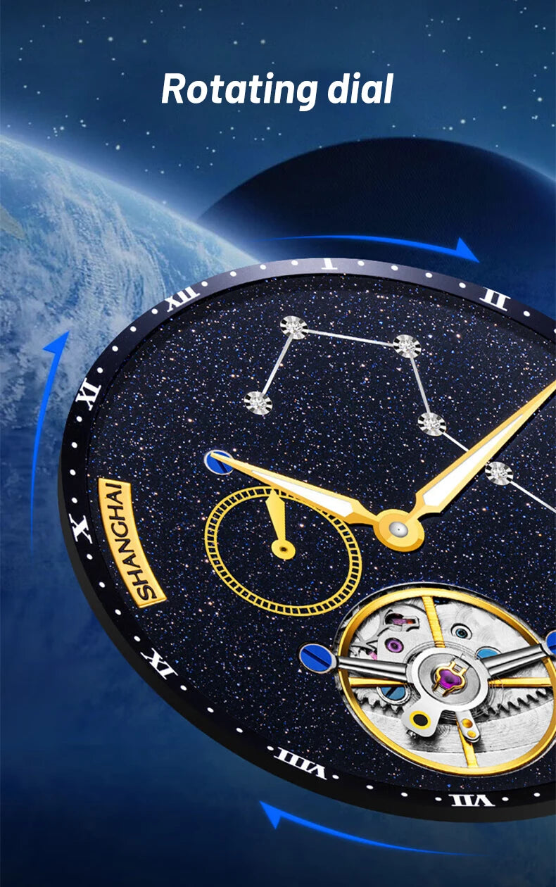 Shanghai Watch Carousel Manual Winding Mechanical Watches Luxury Men's Wristwatch Rotating Dial Luminous Waterproof Watch 6813J