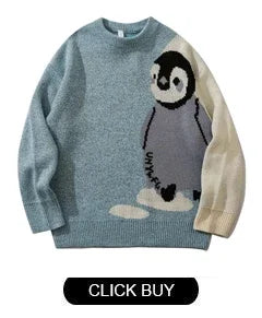 Japanese Knitted Sweater Men Cartoon Animal Duck Goose Print Pullover Harajuku Casual O-neck Oversize Top Streetwear Unisex Fall