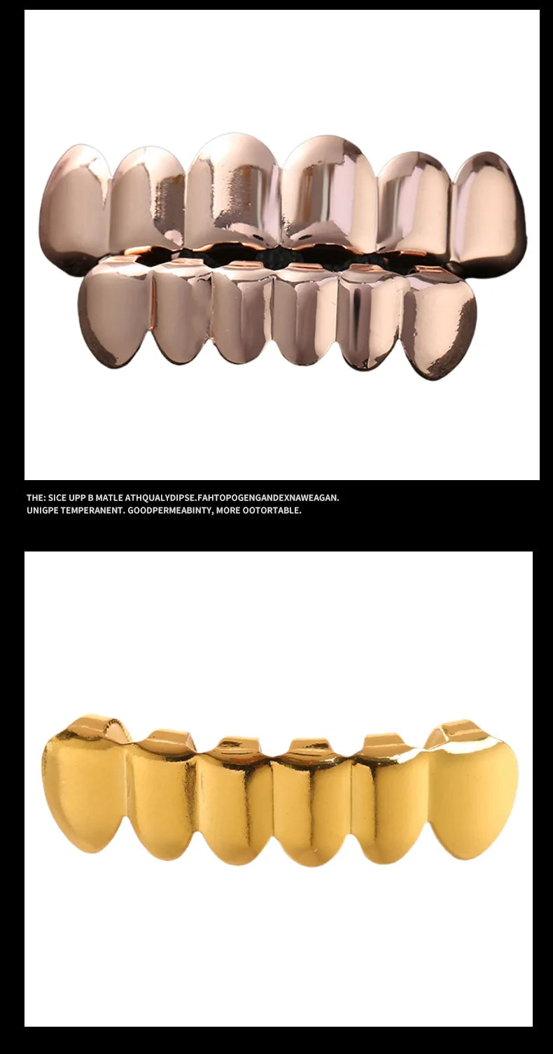 Hip Hop 6/6 Teeth Grills Hip Hop 14K Gold Plated Tooth Caps Decor Braces Punk Cosplay Party Braces For Fashion Women Men Jewelry