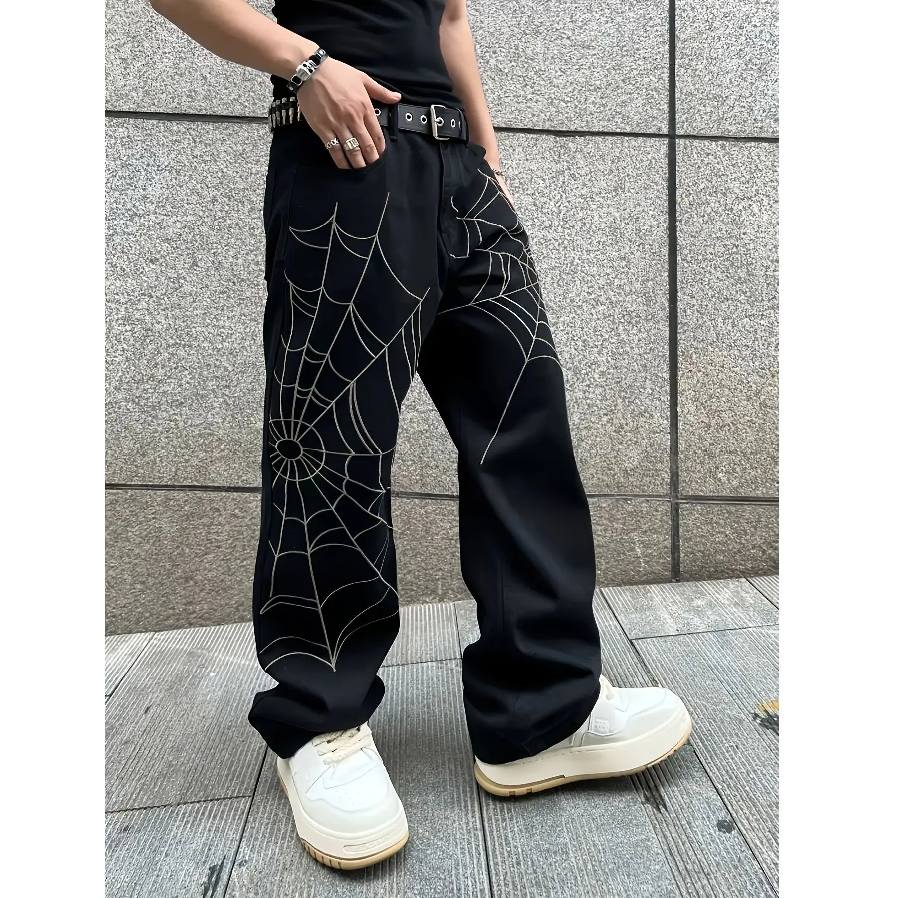 Men's Black Jeans Spider Web Printing Loose Wide Leg Casual Daily Trousers High Street Fashion Trendy Streetwear Denim Pants