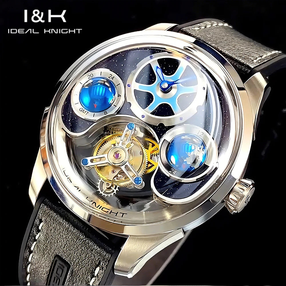 IDEAL KNIGHT Men's Watches Top Brand Luxury Manual Tourbillon Blue Earth Mechanical Wristwatch Waterproof Luminous Sapphire 6808