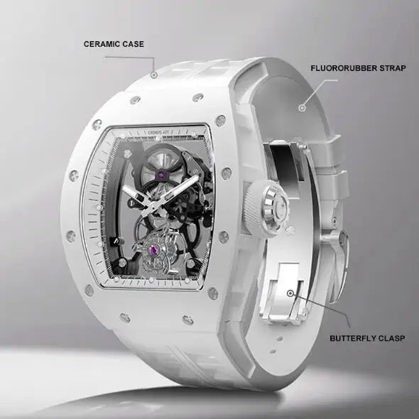 CRONUSART Men Tourbillon Watch Tonneau Mechanical Wristwatch 5Bar Ceramic Case Luminous Fluororubber Strap Sapphire Mirror