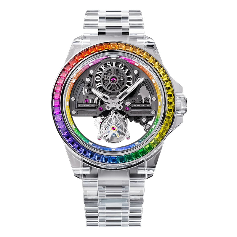 BONEST GATTI Luxury Skeleton Tourbillon Watch for Men K9 Crystal Case with Rainbow Bezel Automatic Mechanical Wristwatch
