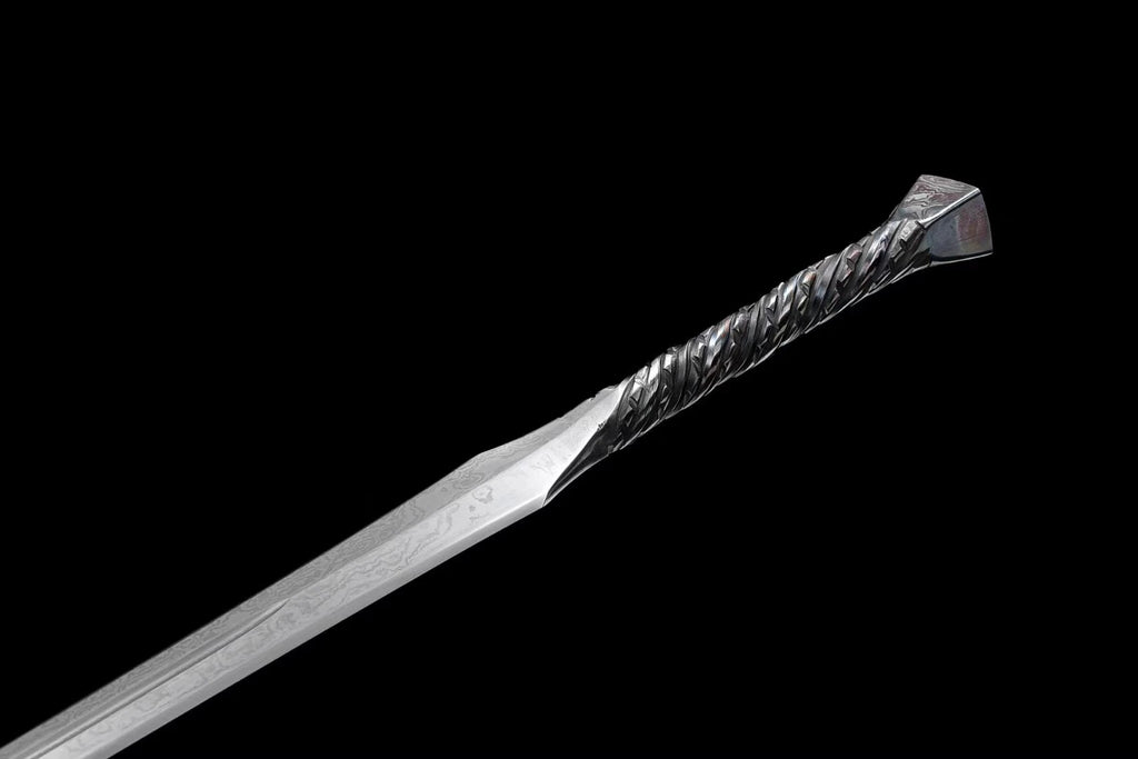 medieval Viking era samurai sword and a folded Damascus steel one-piece sword are ready for battle, handcrafted sharp weapons