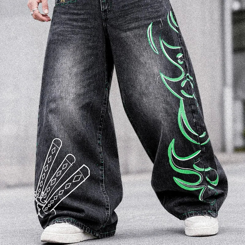 Anime Graphic Wide Leg Jeans Men Streetwear Hip Hop Baggy Denim Pants Harajuku Y2K Loose Straight Trousers Women Unisex Print