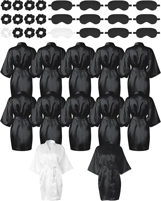 12 Pack Satin Women Robes Kimono Robe Bulk with Sleeping Mask and Hair Tie Sets Silky Bathrobes for Birthday Wedding Party