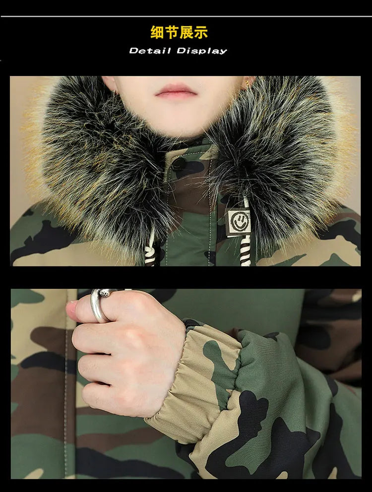 Fashion Mid-Length Camouflage Warm Parkas Winter Men's High Street Wear Windproof Hooded Plush Jackets Outdoor Thick Fleece Coat