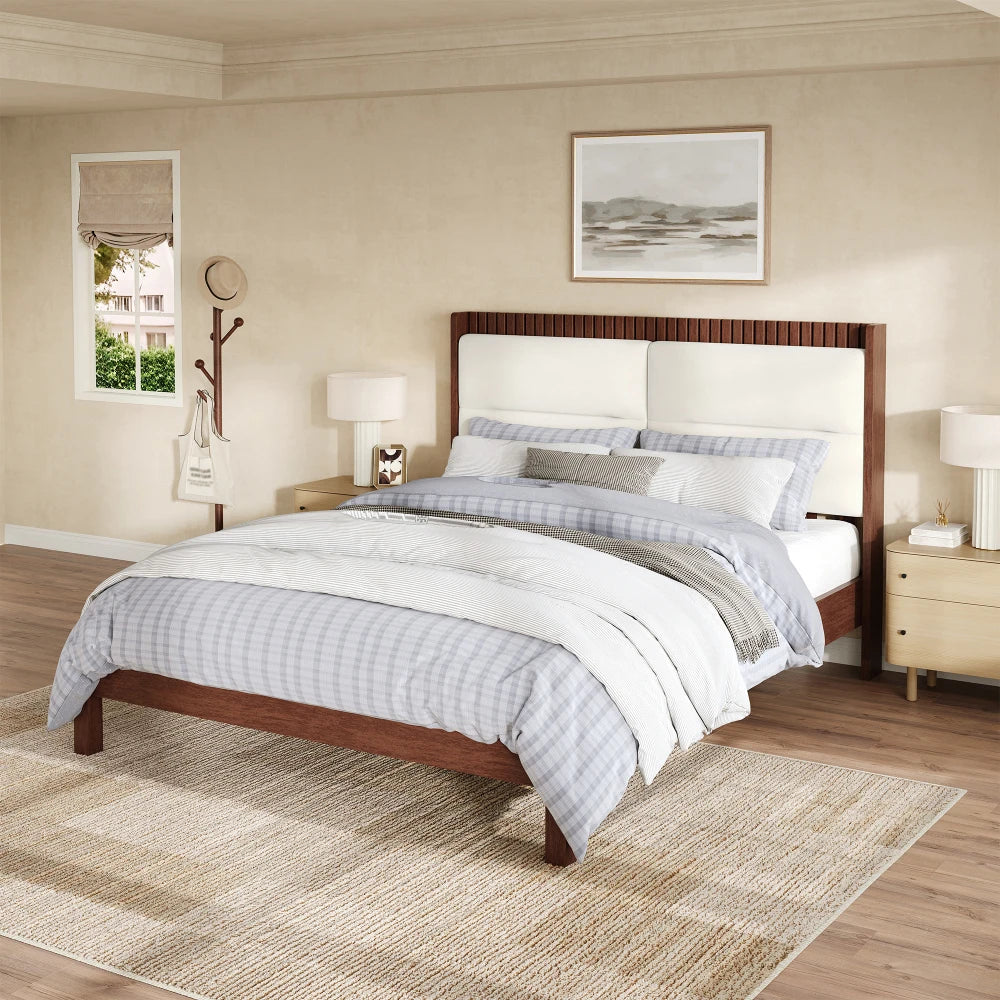 Solid Wood Queen Size Platform Bed Frame with Beige Velvet Upholstered Headboard, Espresso, No Box Spring Needed