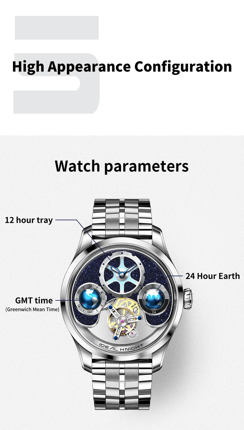 IDEAL KNIGHT Real Tourbillon Automatic Watches for Men 43mm Large Dial Blue Earth Series High-end Luxury Brand Mechanical Watch