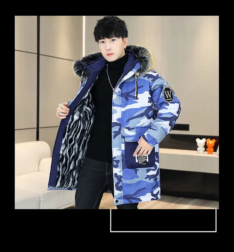 Fashion Mid-Length Camouflage Warm Parkas Winter Men's High Street Wear Windproof Hooded Plush Jackets Outdoor Thick Fleece Coat
