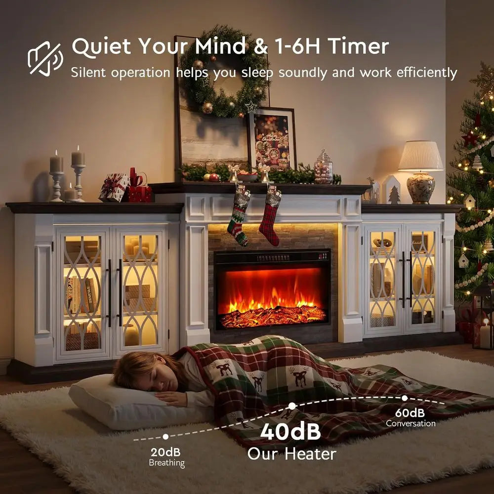100 LED TV Stand with Outlet, Electric Fireplace, Mantel, Entertainment Center, 30 Heater Insert, 3D Flame Effect, Customized