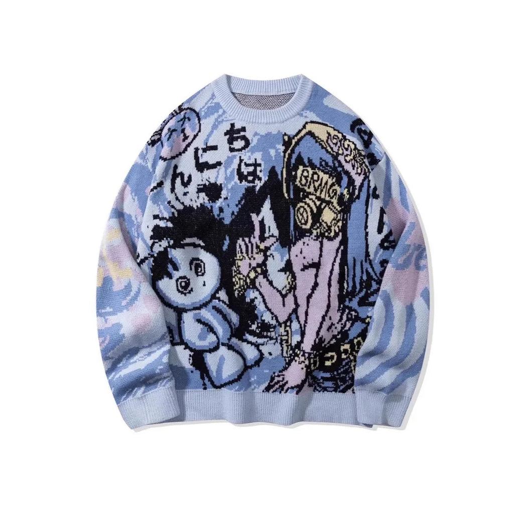 Loose Long Sleeve round Neck Knitted Sweater High Street Trendy Brand Men's Cartoon Couple Casual Breathable Elastic