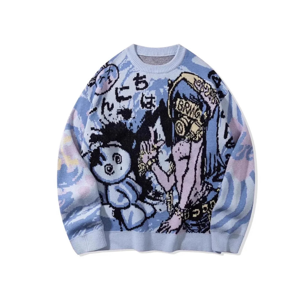 Loose Long Sleeve round Neck Knitted Sweater High Street Trendy Brand Men's Cartoon Couple Casual Breathable Elastic