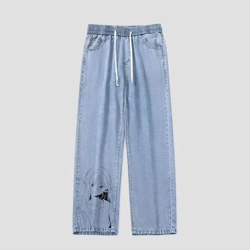 Hand-Dn Anime Sketch Print Original Design Loose Fit Jeans ex Teenage Faion Denim Pants Cartoon Sle Middle Waist