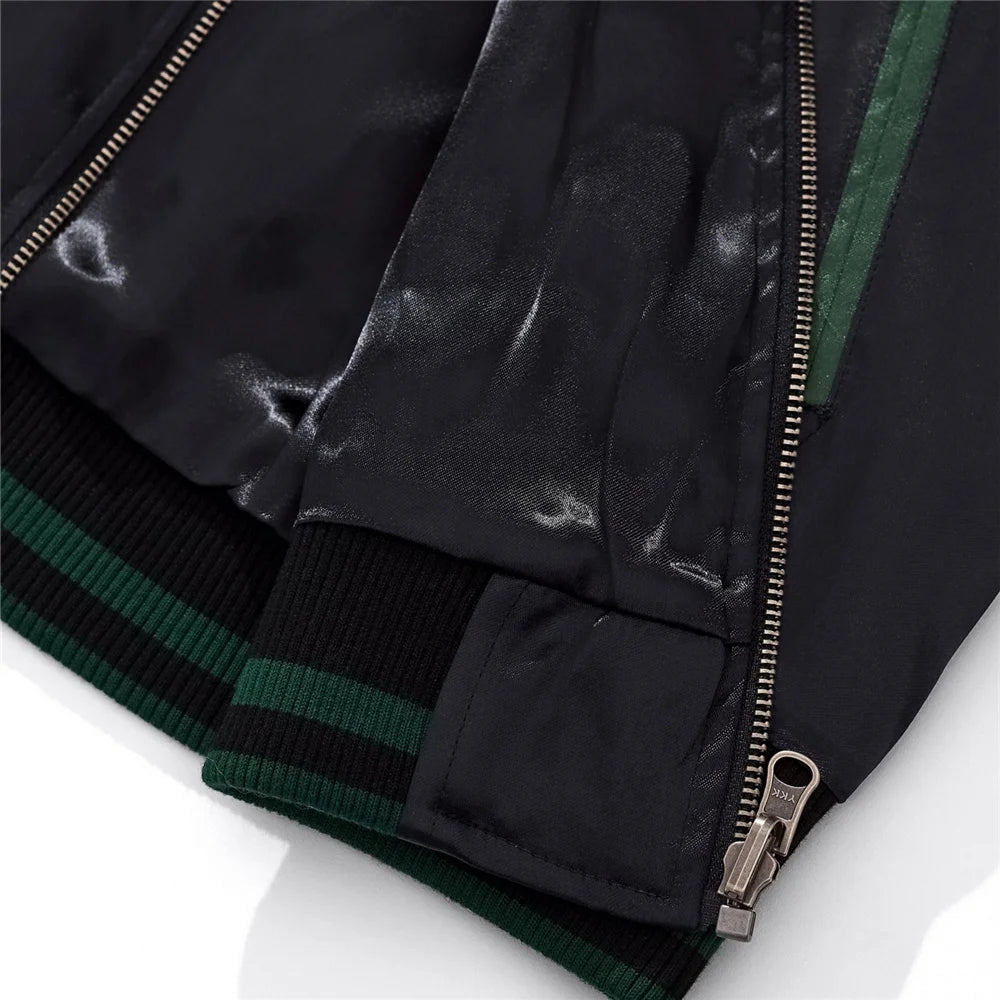 Harajuku Yokosuka Dragon Embroidered Jacket Autumn Street Hip Hop Men's Green Sleeve Japanese Coat