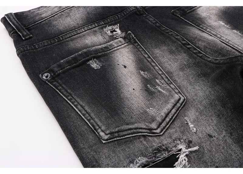 Street Fashion Men Jeans Retro Black Gray Elastic Stretch Slim Fit Hole Ripped Jeans Men Patched Designer Hip Hop Brand Pants