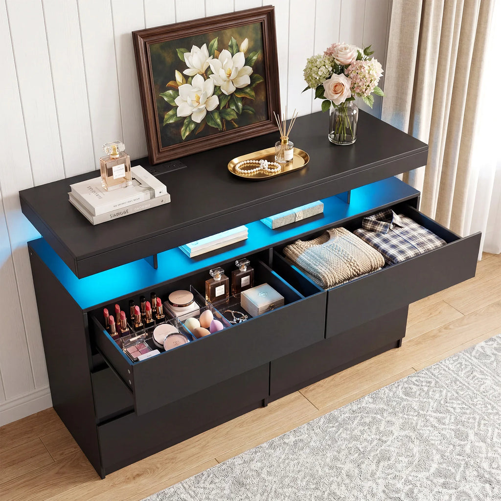 6-Drawer Dresser with Power Outlet with LED Light, Modern Chest of Drawers for Closet, Drawer Organizer Cabinet for Bedroom