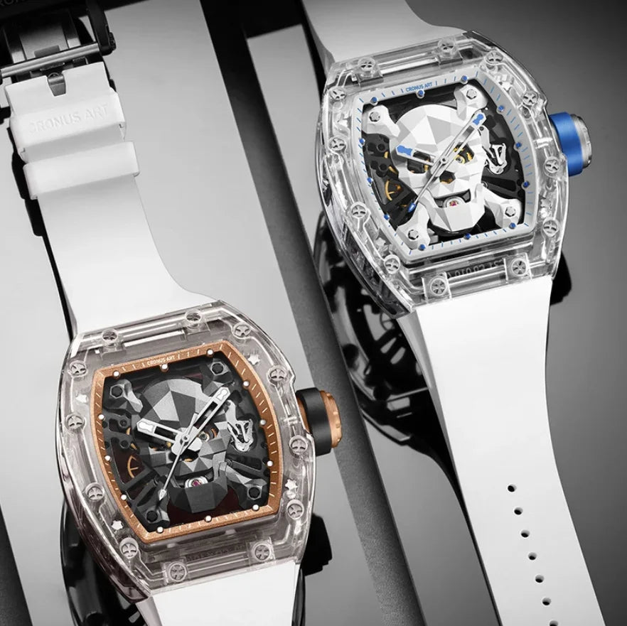 CRONUSART Men Automatic Watch 50mm Tonneau Mechanical Wristwatch Sapphire Case & Mirror Luminous Fluororubber Strap Skull Dial