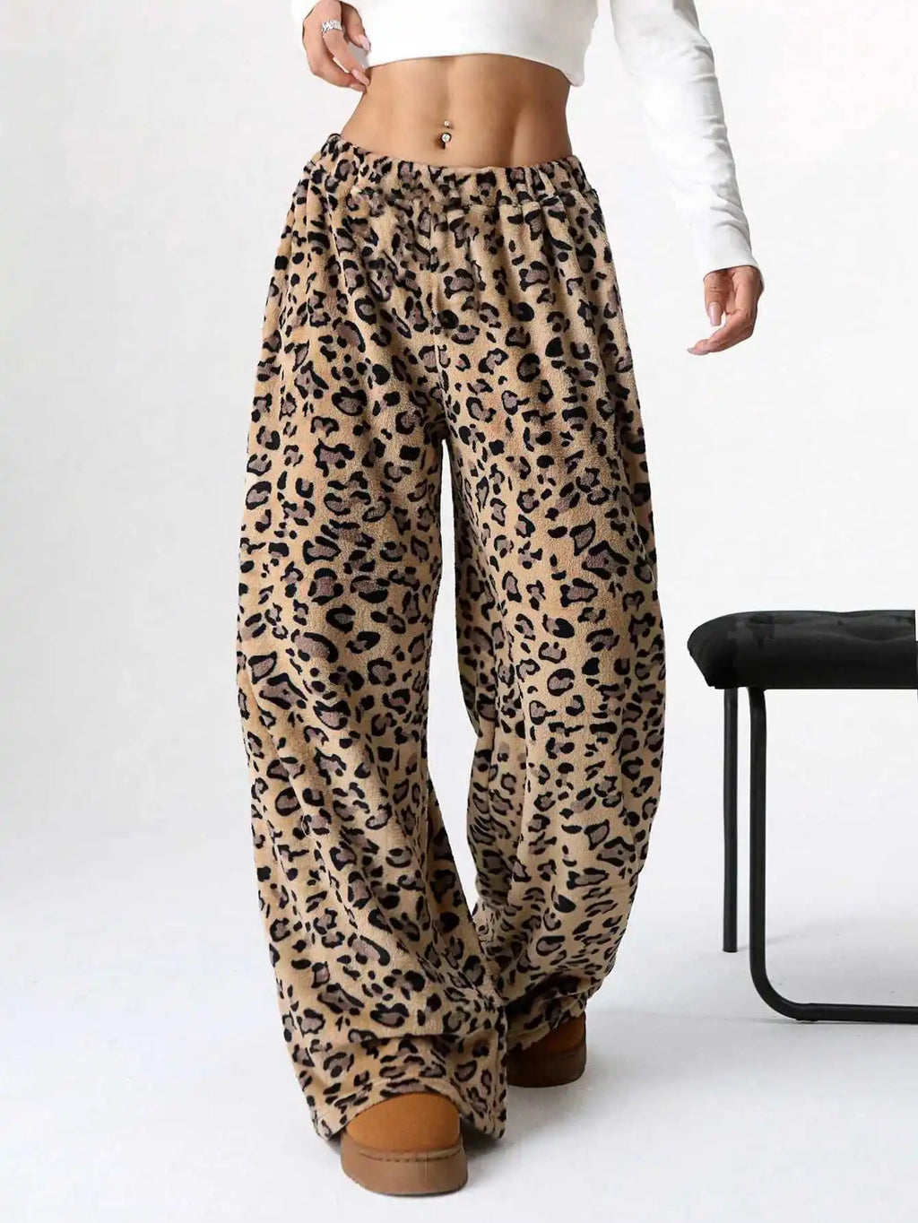 Women Casual Trousers Elastic Waistband Drawstring Tie Pajama Bottoms Leopard Print Wide Leg Lounge Pants