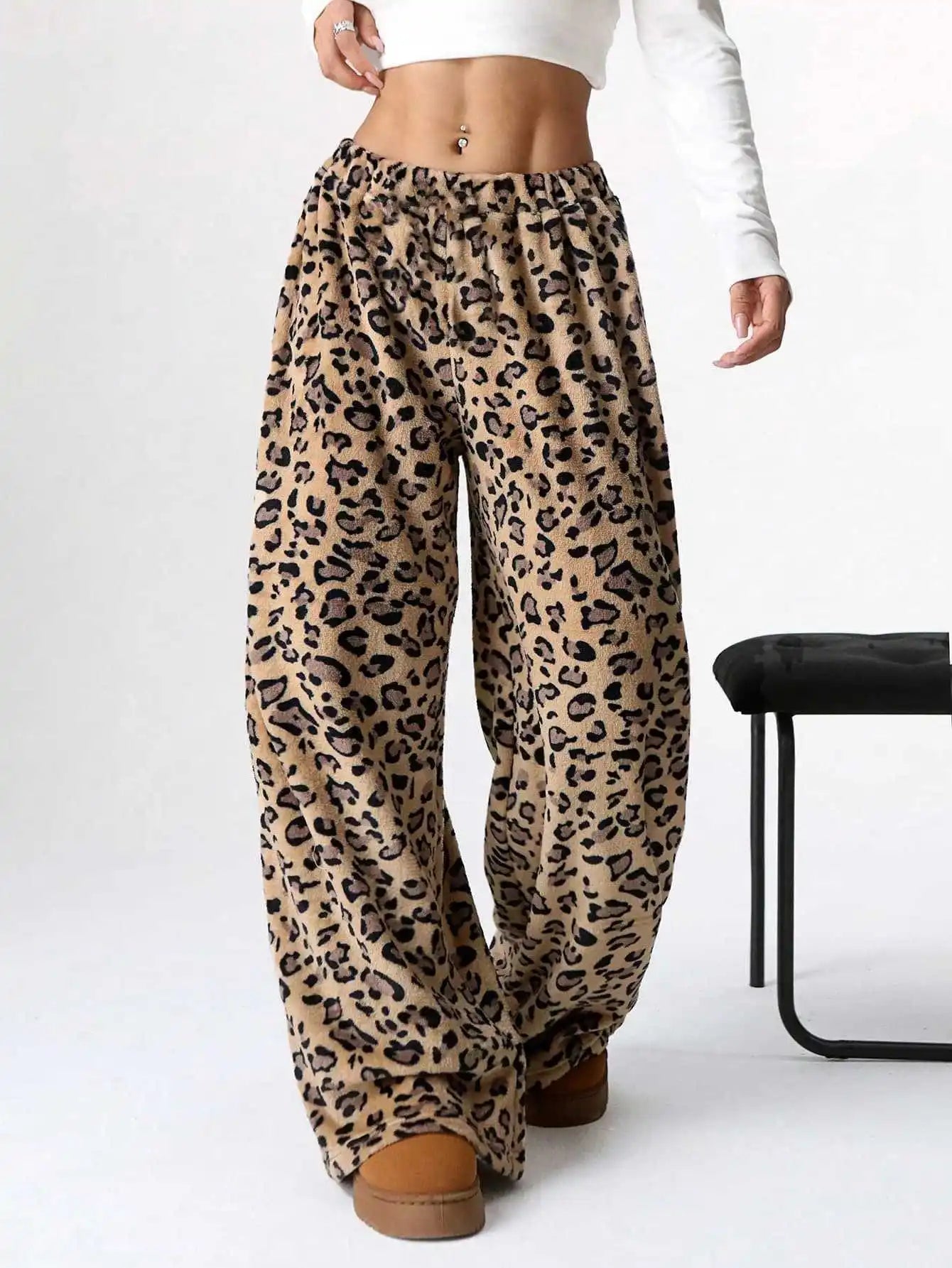 Women Casual Trousers Elastic Waistband Drawstring Tie Pajama Bottoms Leopard Print Wide Leg Lounge Pants