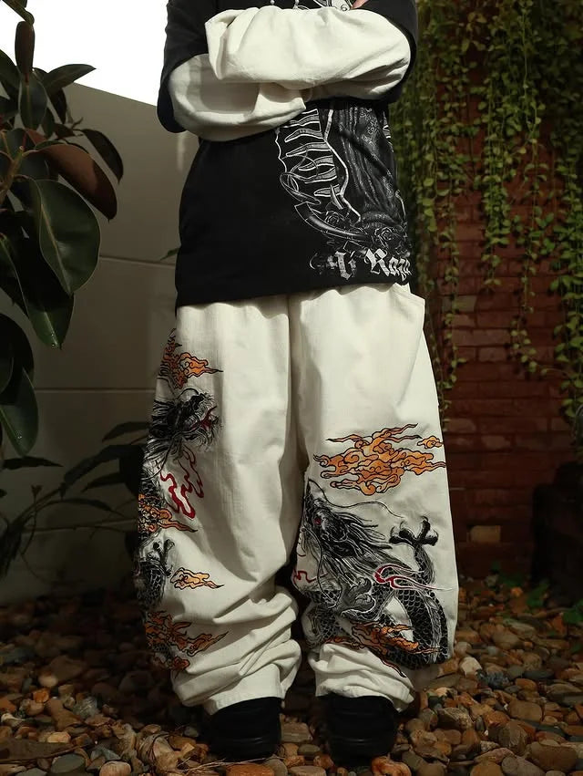 New White Jeans Y2K Dragon Pattern Mens American High Street Retro Korean Straight Pants Harajuku Hip-Hop Couple Wide Pants