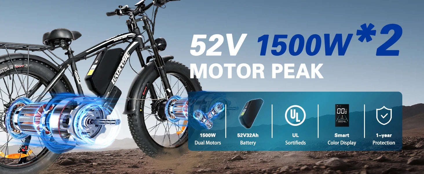 BAOLUJIE 2602 E-bike 3000W Motor 52V32AH Removable Lithium Battery Electric Bike Adult 7 Speed Electric Bicycle【1 Year Warranty】