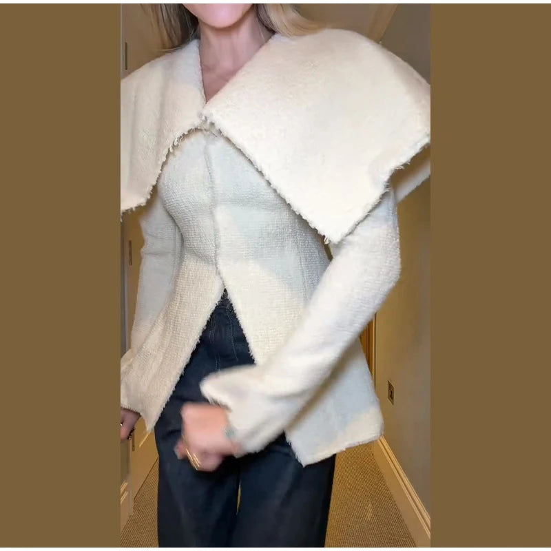 Fashion Large Turn-down Women's Cardigan Solid Single Breasted Back Split Knit Coat Female 2026 Spring Autumn New In Outerwear