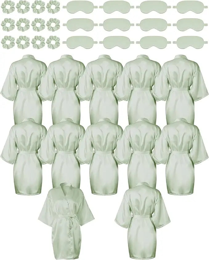 12 Pack Satin Women Robes Kimono Robe Bulk with Sleeping Mask and Hair Tie Sets Silky Bathrobes for Birthday Wedding Party