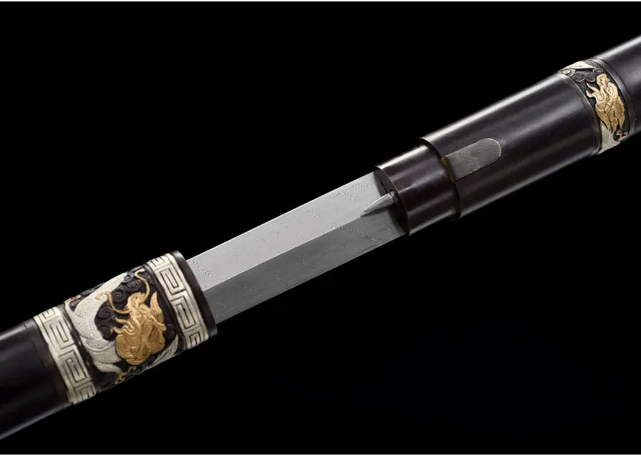 Medieval Staff Sword Folded Steel Damascus Blade Sharp Real Ebony Wood Scabbard Walking Stick Gold Silver Plating Dragon Katanas