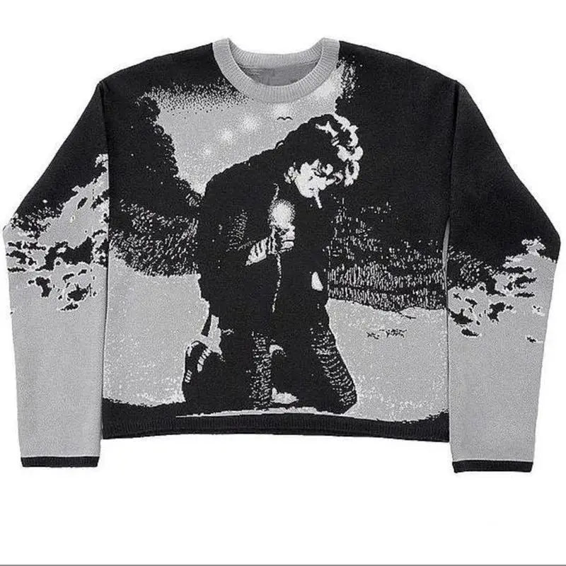 Harajuku Style Vintage Cartoon Anime Print Knit over Long Sleeve round Neck Sweater for Men Autumn Winter Collection