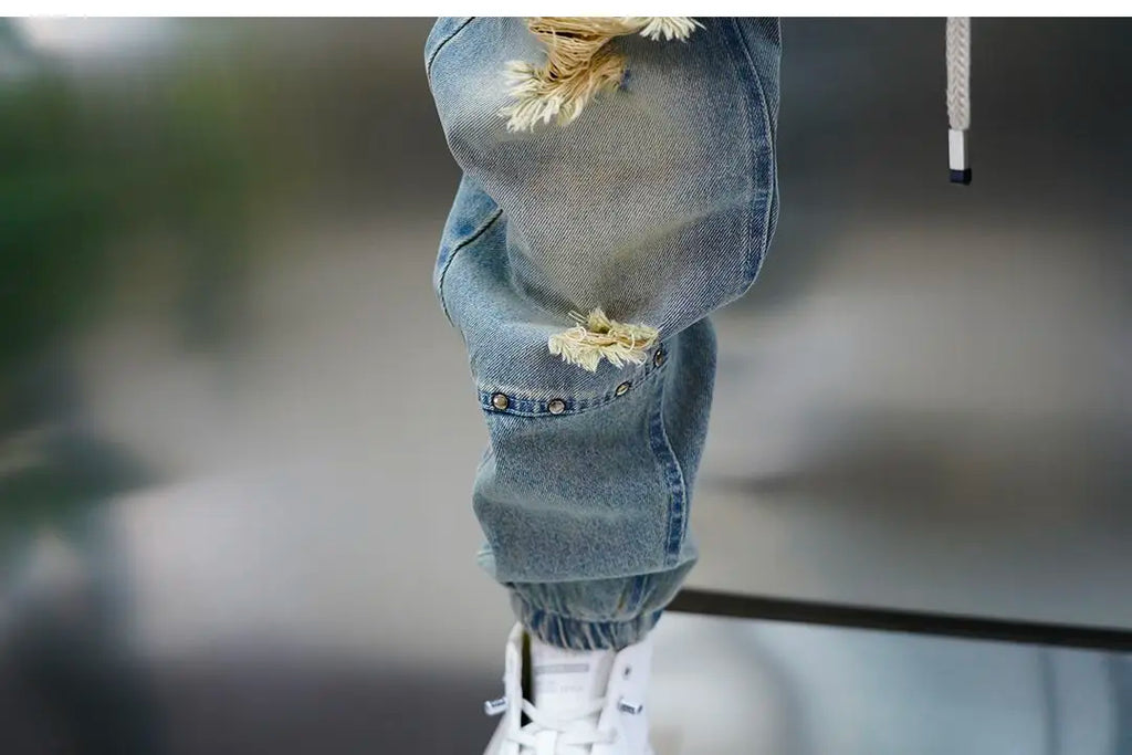 Men's distressed ripped drawstring and cuffed jeans with rivet embellishments high-street slim-fit trousers brand men clothing