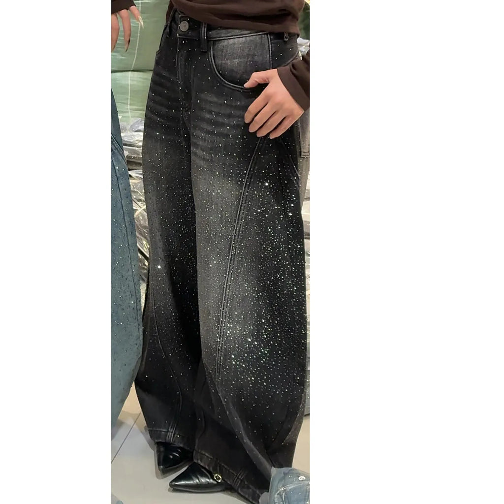 Glittering Rhinestone Denim Pants for Women's New Wide Leg Design Jeans Sensation Floor-Length Pants Loose Jeans