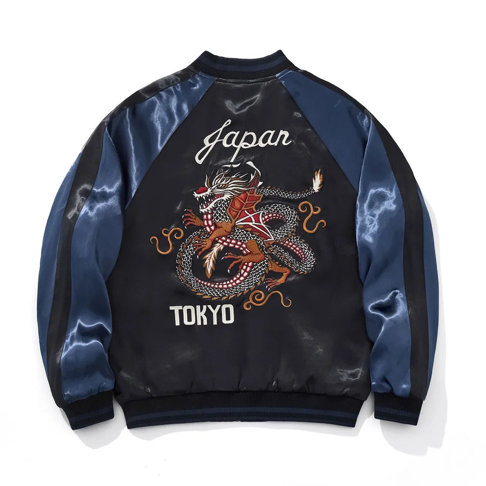 Tokyo Dragon Embroidered Zipper Blue Jacket Streetwear Hip Hop Men's Harajuku Japanese Baseball Coat Clothing