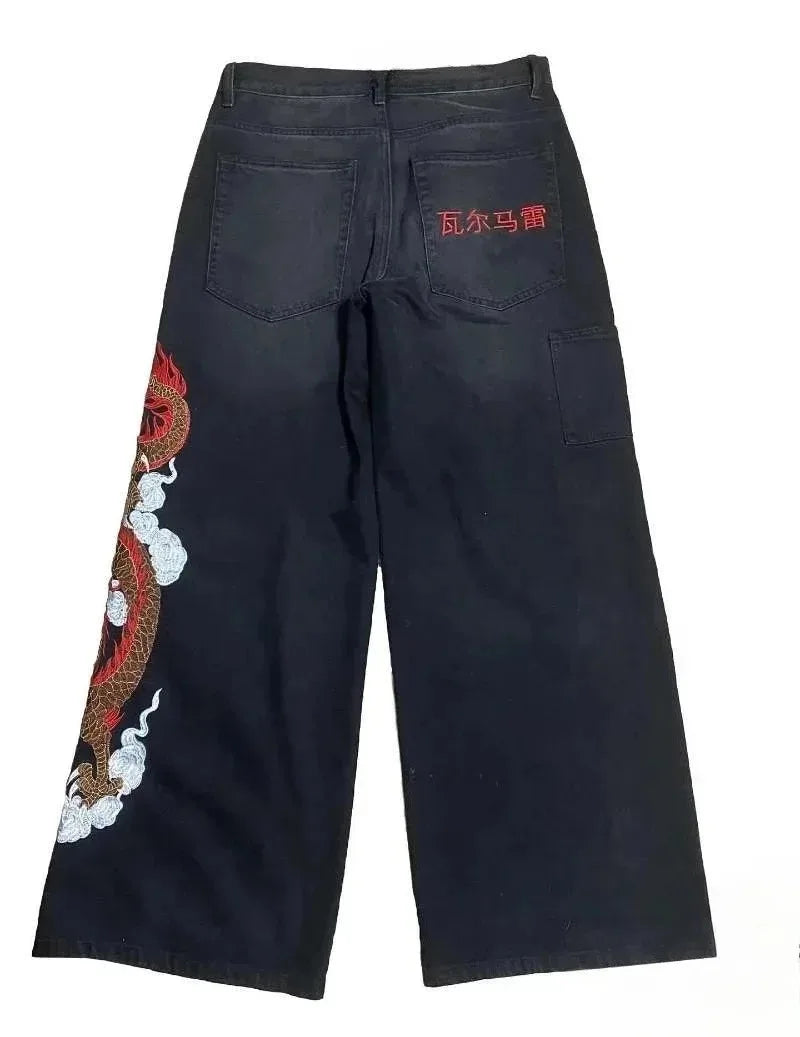 Y2K baggy Jeans Dragon Graffiti Embroidery High Waist Men Women Vintage Streetwear 2000s Harajuku Casual Loose Wide Leg Jeans
