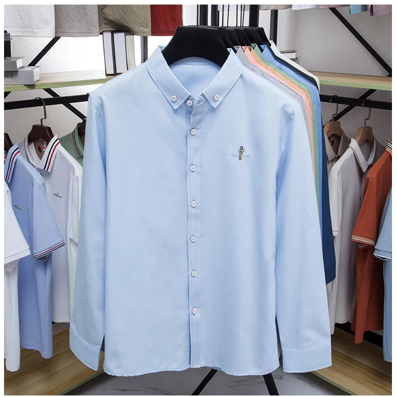 High end brand men's long sleeve shirt fashion cartoon embroidery comfort silk cotton solid color luxury golf casual lapel top
