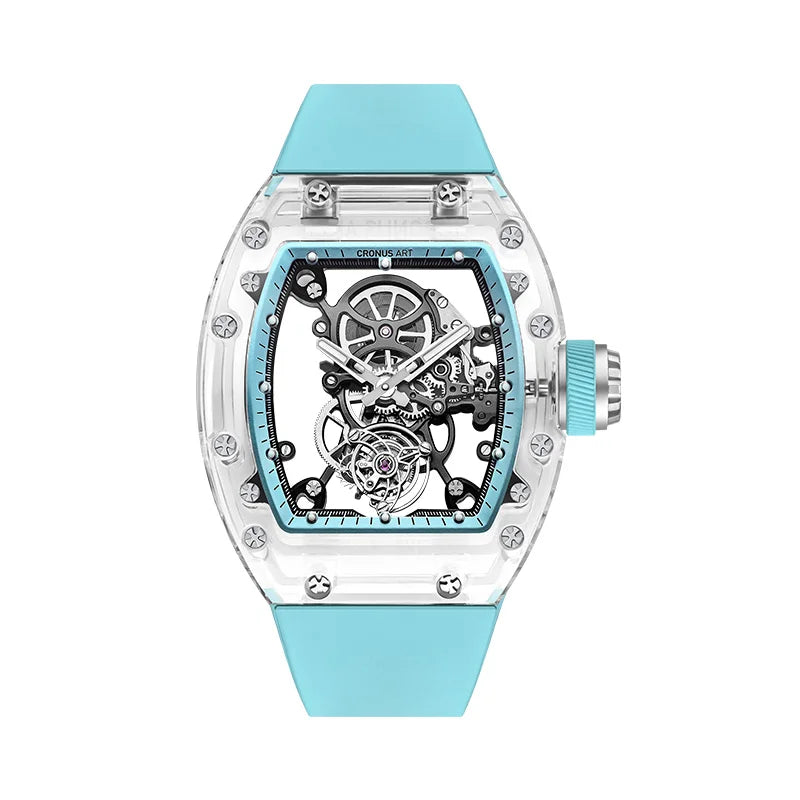 CRONUSART Men Tourbillon Watch 50mm Tonneau Mechanical Wristwatch Sapphire Case Mirror Luminous Fluororubber Strap Skeleton Dial