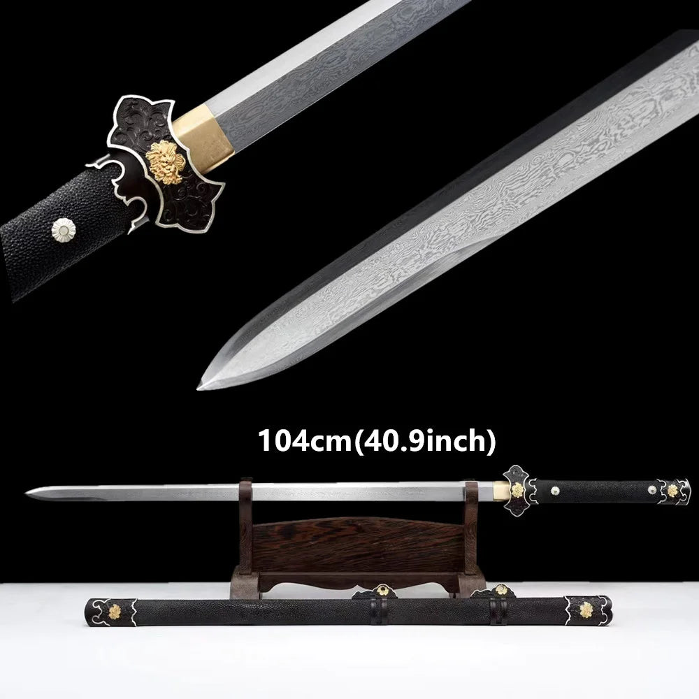 Premium Black Kungfu Battle Sword Damascus Steel Blade Sword Room Decoration Copper Gilded Fittings Wrap Real Rayskin Sheath