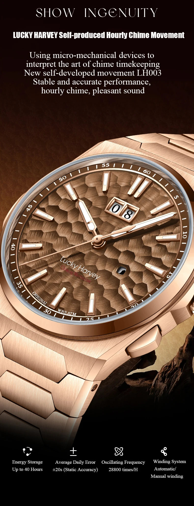 Lucky Harvey Automatic Mechanical Movement Self-sounding Watch Men's Watch Hammer Dial 316L Stainless Steel Fashion Mens Watch
