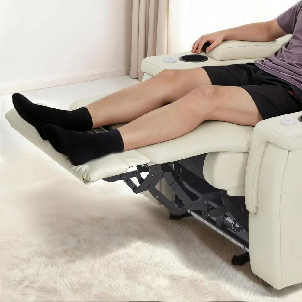 Power Recliner Chair with Lumbar Support, Armrest Storage, Tray Table, and Dual Charging Ports (Beige)