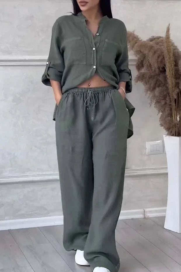 Spring Autumn Cotton Linen Long Sleeved shirt + Long Pants Two-piece Set Women Casual V-neck Shirt Drawstring Wide leg Pant Suit