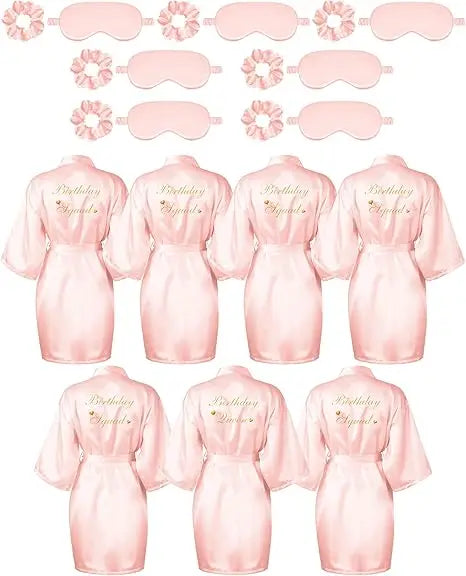 21 Pcs Women Birthday Party Robe Set Queen Squad Kimono Satin Bathrobes with Eye Mask and Scrunchie for Birthday