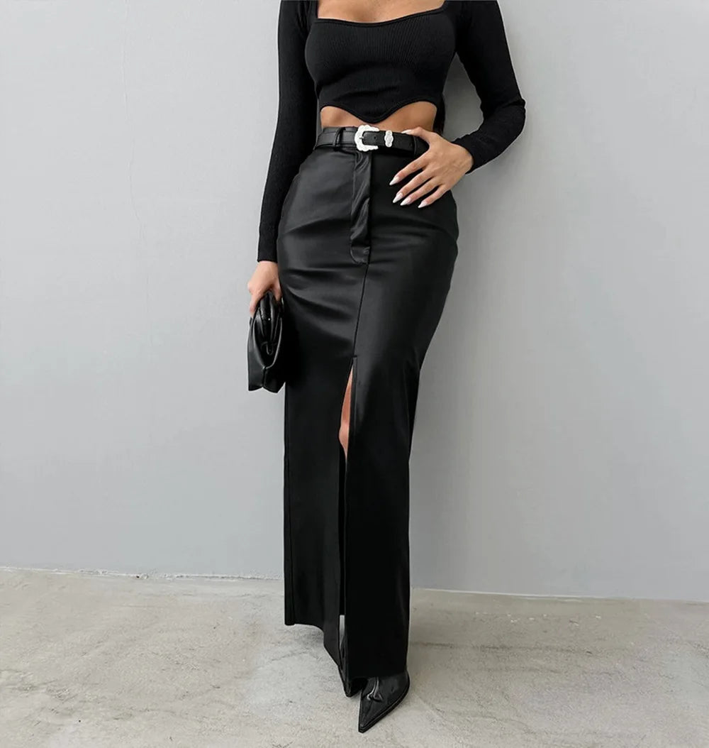 Women's Split Design Solid Color High Waist Pu Leather Skirt 2026 Spring Fall Office Lady Trendy Streetwear Long Skirts