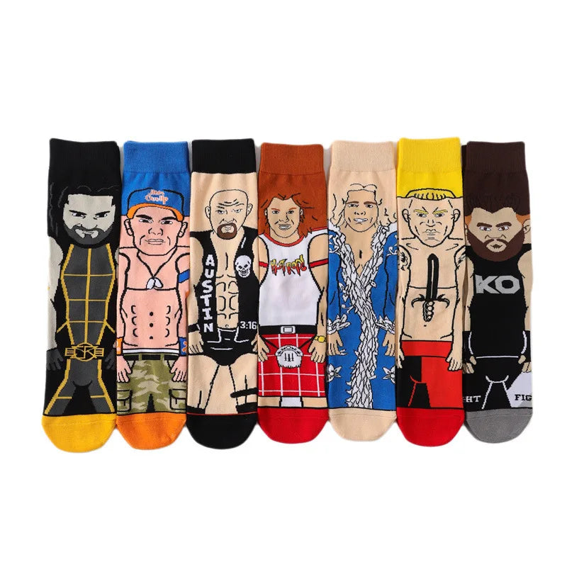 Personalized Cartoon Character Printing WWE Men's Socks Sports Competitive Wrestlers Sports Tube Socks High Quality Cotton Socks